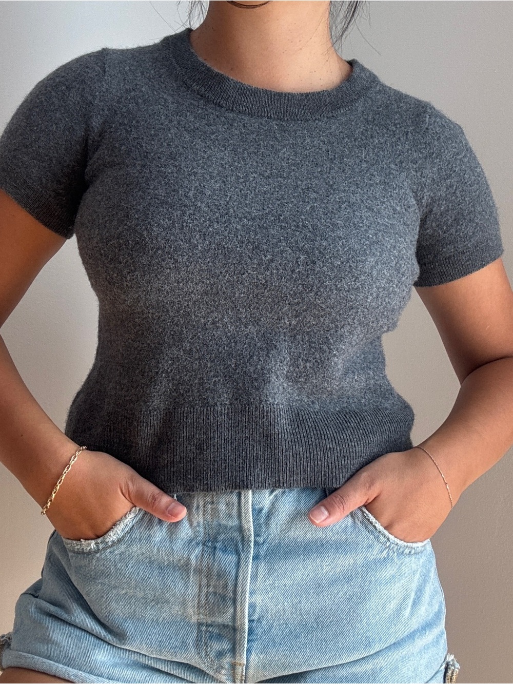 Charcoal Gray Short Sleeve WOOl  Top - Women's